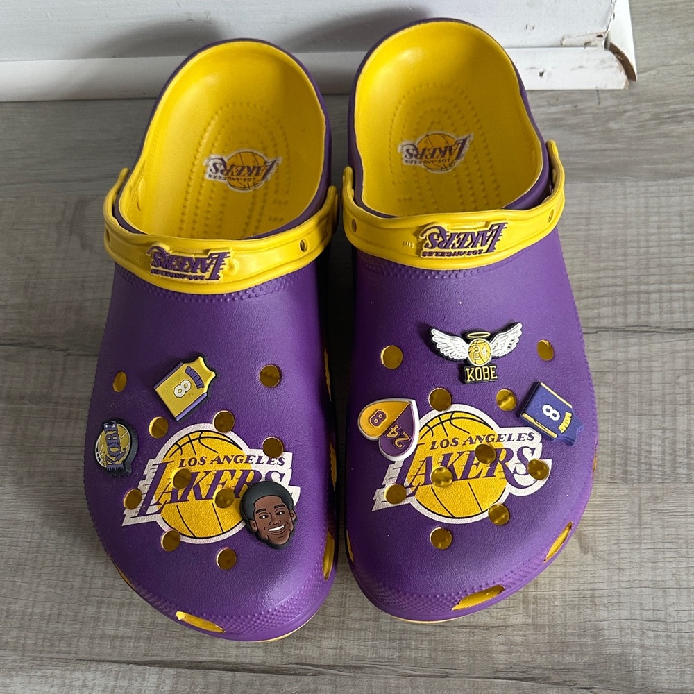 Crocs size 14 Lakers Purple and Yellow Slippers. Kobe Bryant memorial charms